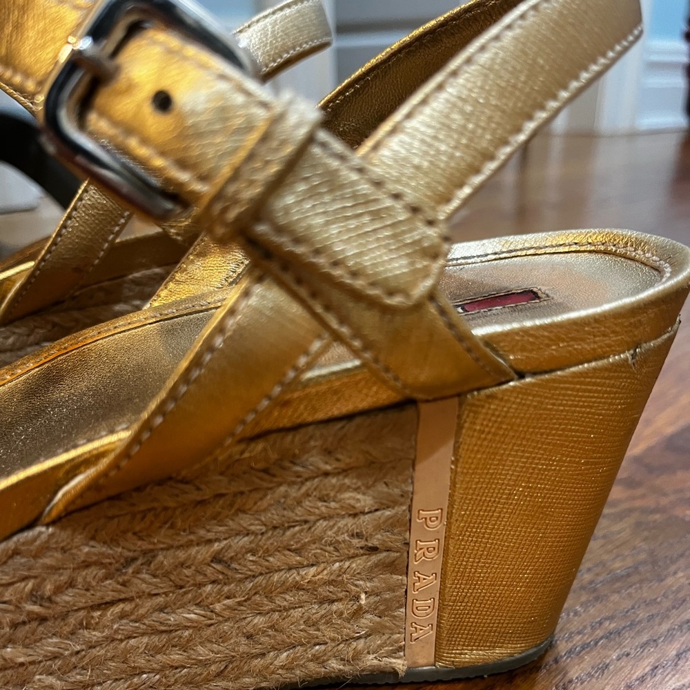 Prada Linea Rosa Gold Metallic Platform Wedges Sa… - image 2